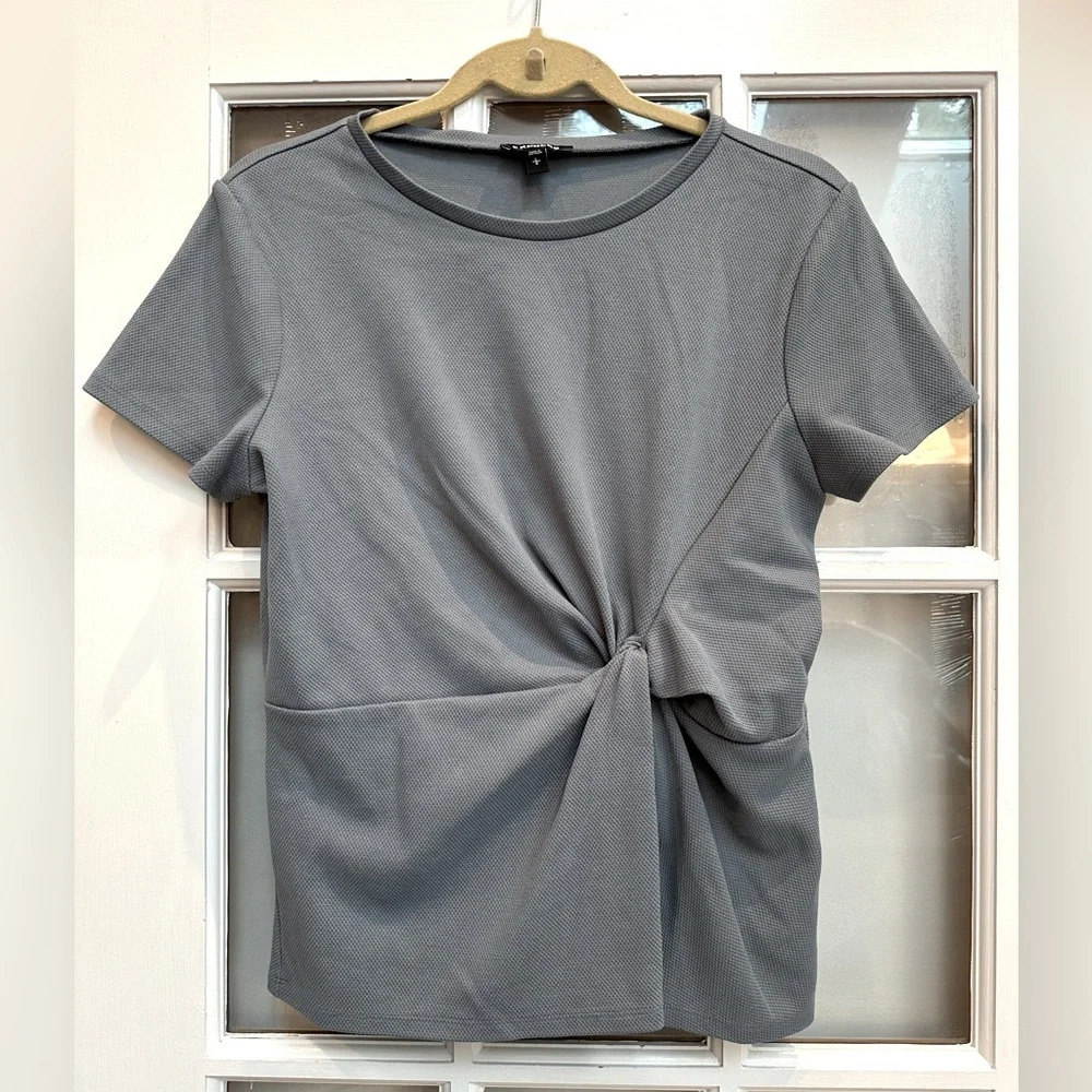 Express Textured Stretch Top Short Sleeve Waist Knot Smokey Blue Size Large L